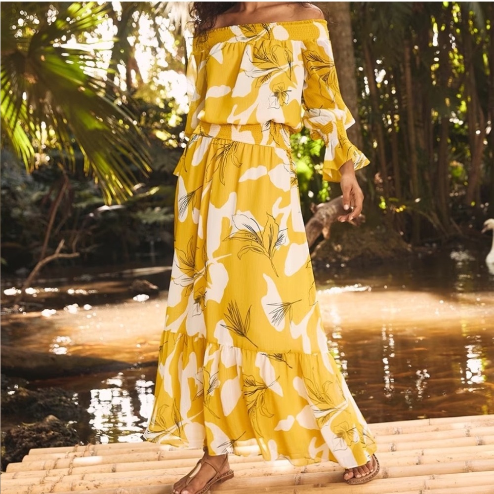 Chico's Yellow Floral Off-Shoulder Maxi Dress